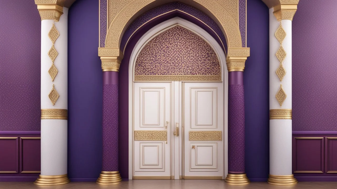 Hyper Realistic Islamic-Architectural-Mosque-Open-White-Door-&-Navy-Wall on Purple-Rustic-Wall with maroon-crafting-on-Golden-pillars