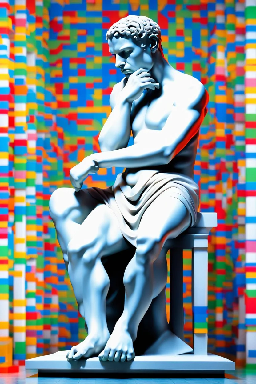 Artistic avant garde style image, upclose striking image about "The Thinker statue", the statue as main focus in a white room with his body covered in movie scene shadows playing on the body about news and movie scenes. Exploding into the air are colourful matrix data and virtual numbers, on the floor are broken pieces of statue, questioning the role of deep thought in an increasingly digital and disconnected world