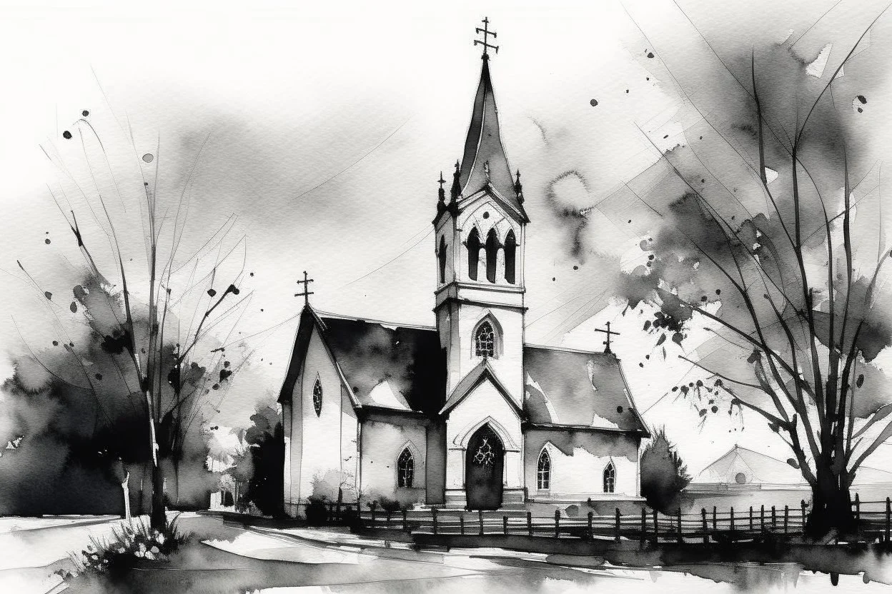 Portrait of an English church in black and white wet watercolour