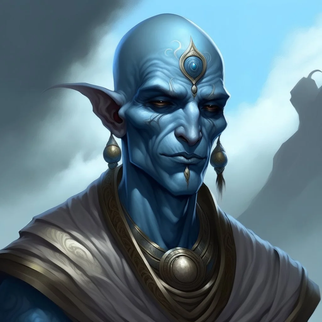 dnd, fantasy, cloud giant, portrait, face, close up, long face, slender face, blue skin, clean shaven, bald, ascended, elegant, angular features, light arabic clothes, exotic features