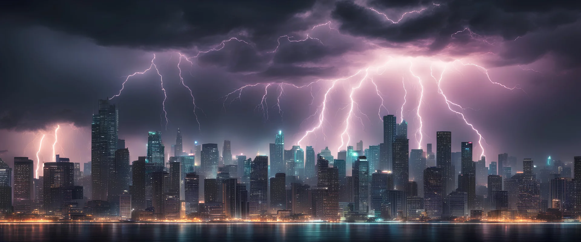 futuristic city skylineheavy lightning and thunderstorm, like that of Miami's, using a cinematic background and outlining the buildings with a gradient