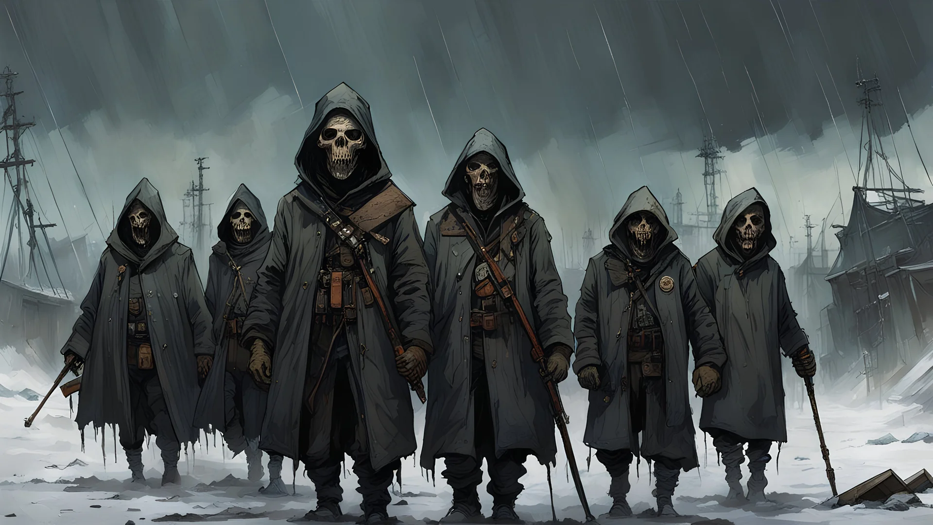 The army of the dead marching, RAW, gritty, vivid cours, harsh conditions, techno gothic, grim overtones hooded and obscured, science fiction painting, Denis Sarazhin, Alejandro Burdisio, Romain Trystram, Simon Stålenhag, ominous sky, analog horror story