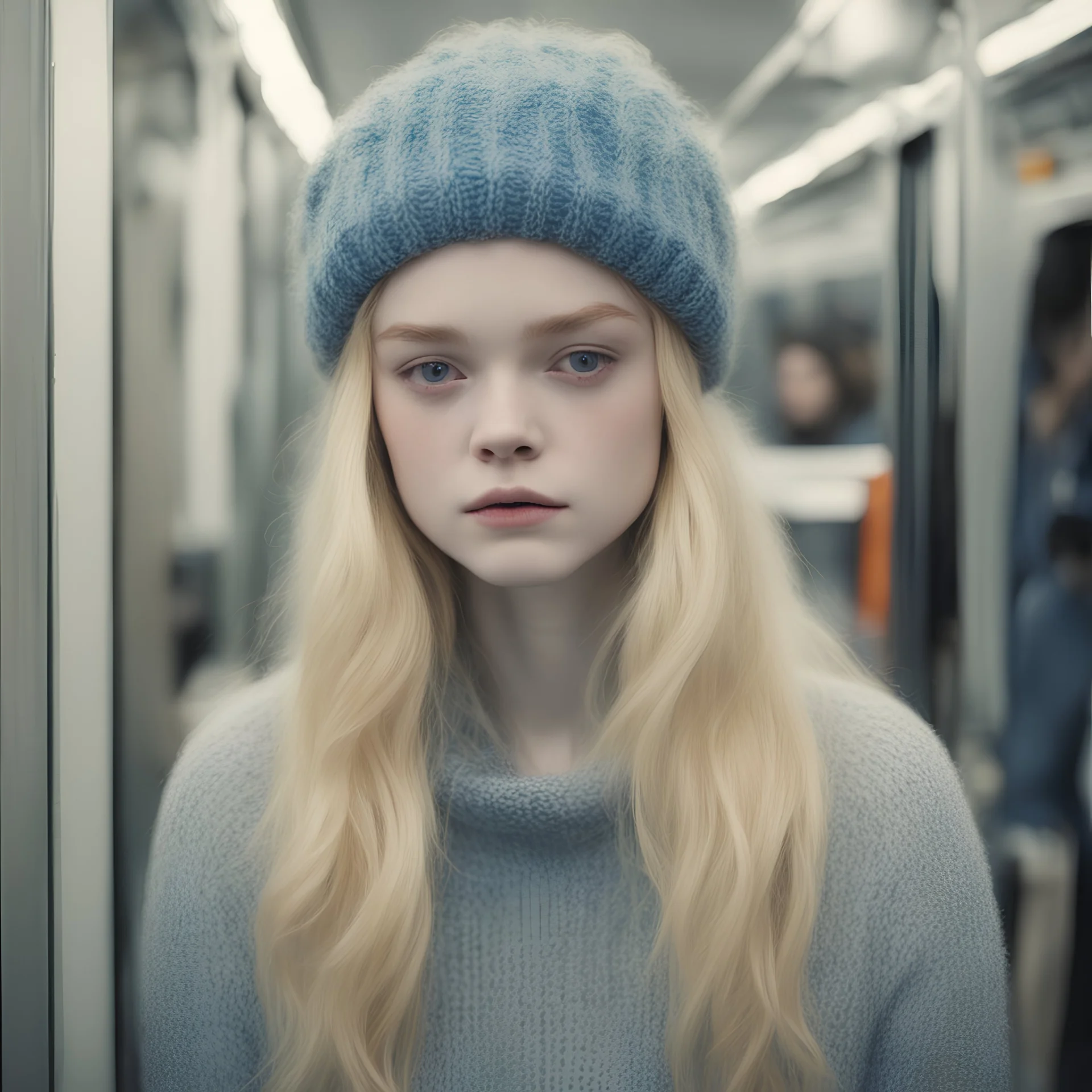 Elle Fanning, sad,in the metro in the style of a polaroid, , blue, Grey, beige,orange, with a knitted hat, eyes closed