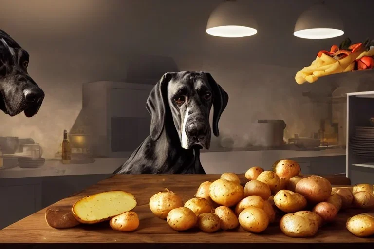 Great Danes stealing food off of a work surface in a kitchen, roast meat, potatoes, 8k resolution concept art hyperdetailed dynamic lighting DSLR maximalist matte background