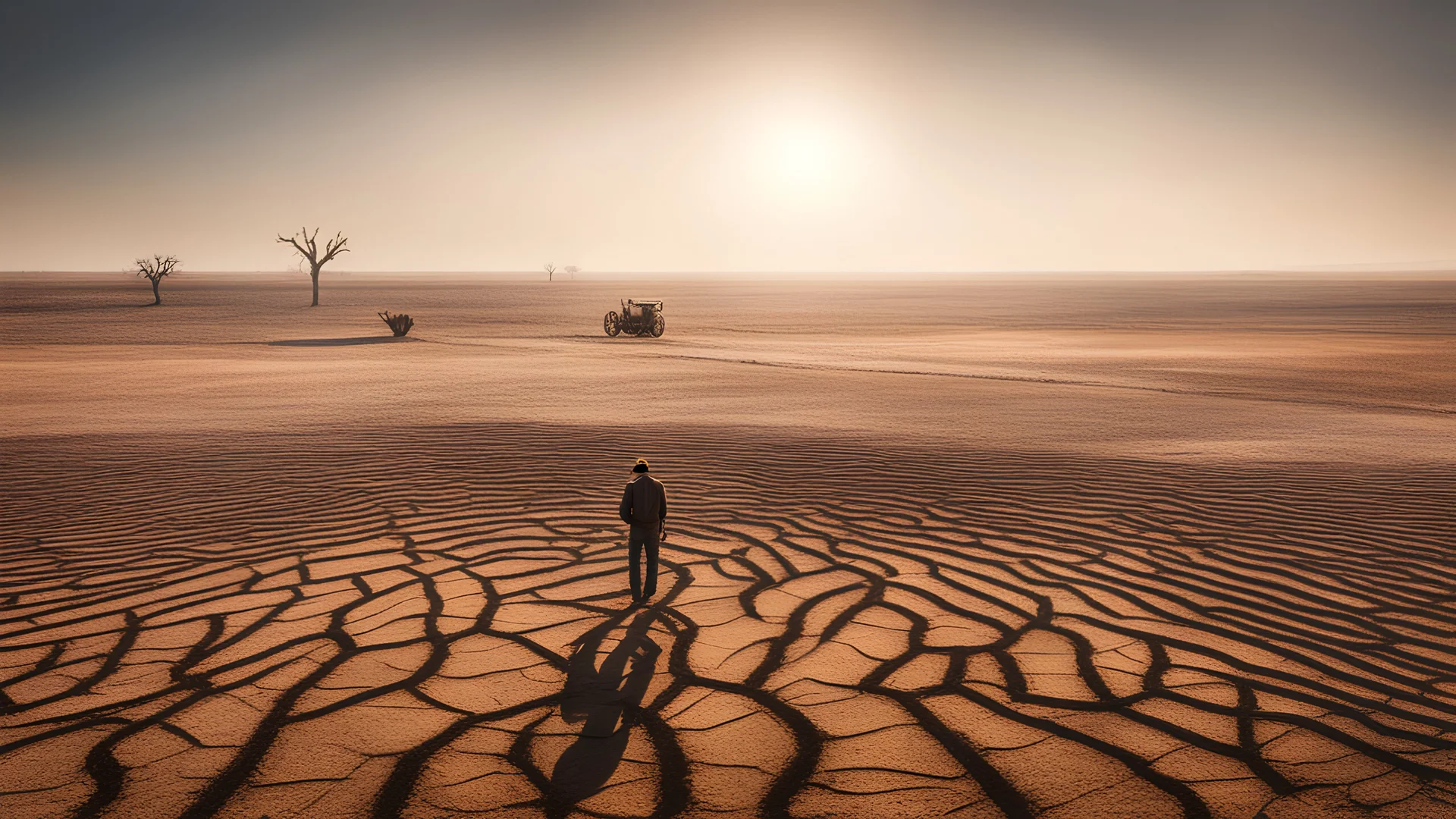 Climate emergency. An expansive farmland turned barren desert, with deep cracks running through the dry, dusty soil. Crops lie dead and withered, and abandoned farming equipment rusts in the harsh sun. A lone farmer stands in despair, looking at the parched earth. Beautiful award-winning photograph, shocking, balanced delightful composition, perfect lighting, superb detail, 16k render