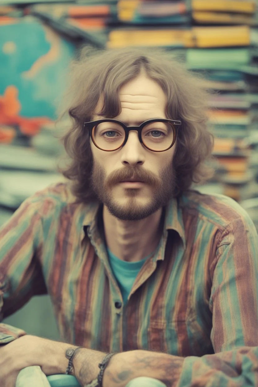 post punk hippie with glasses of colours and poor and short short short and poor hair on the head with receding hairline. Farsightedness glasses with big eyes. Shirt beard in the head. Vintage look and feel like photo style-of the 70s