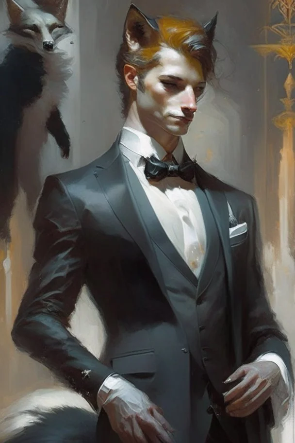 a fox in black suit, white collar band and court gown in the style of Aleksi Briclot, Charlie Bowater, Dean Cornwell, and Pino Daeni