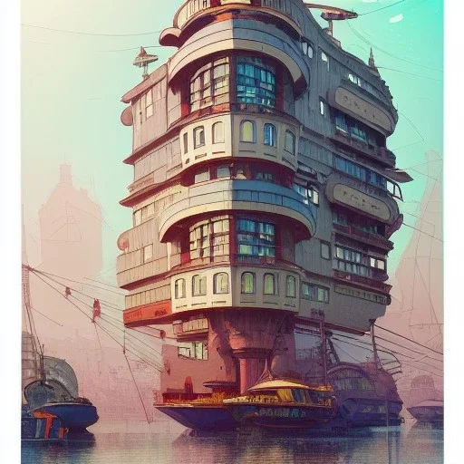 Harbour+interwarmodernism architecture+artdeco german+detailed facades+Book illustration by Gediminas Pranckevičius, Jean Baptiste Monge, Brian Kesinger, Anton fadeev, strong lines, high contrast vibrant colors, highly detailed, 16k resolution, trending on behance""