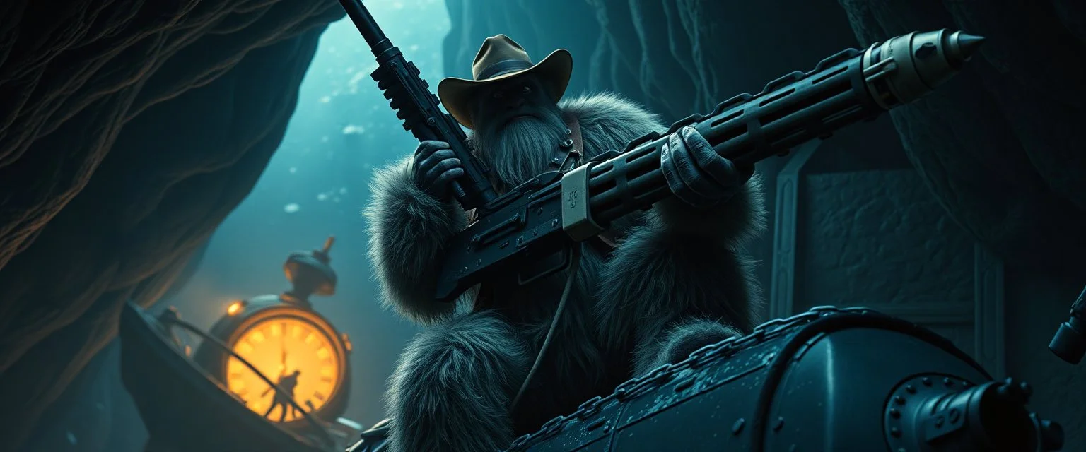 movie poster, portrait interview cowboy Abominable Yeti climbing outside space ship in cave holding huge mounted chain gun