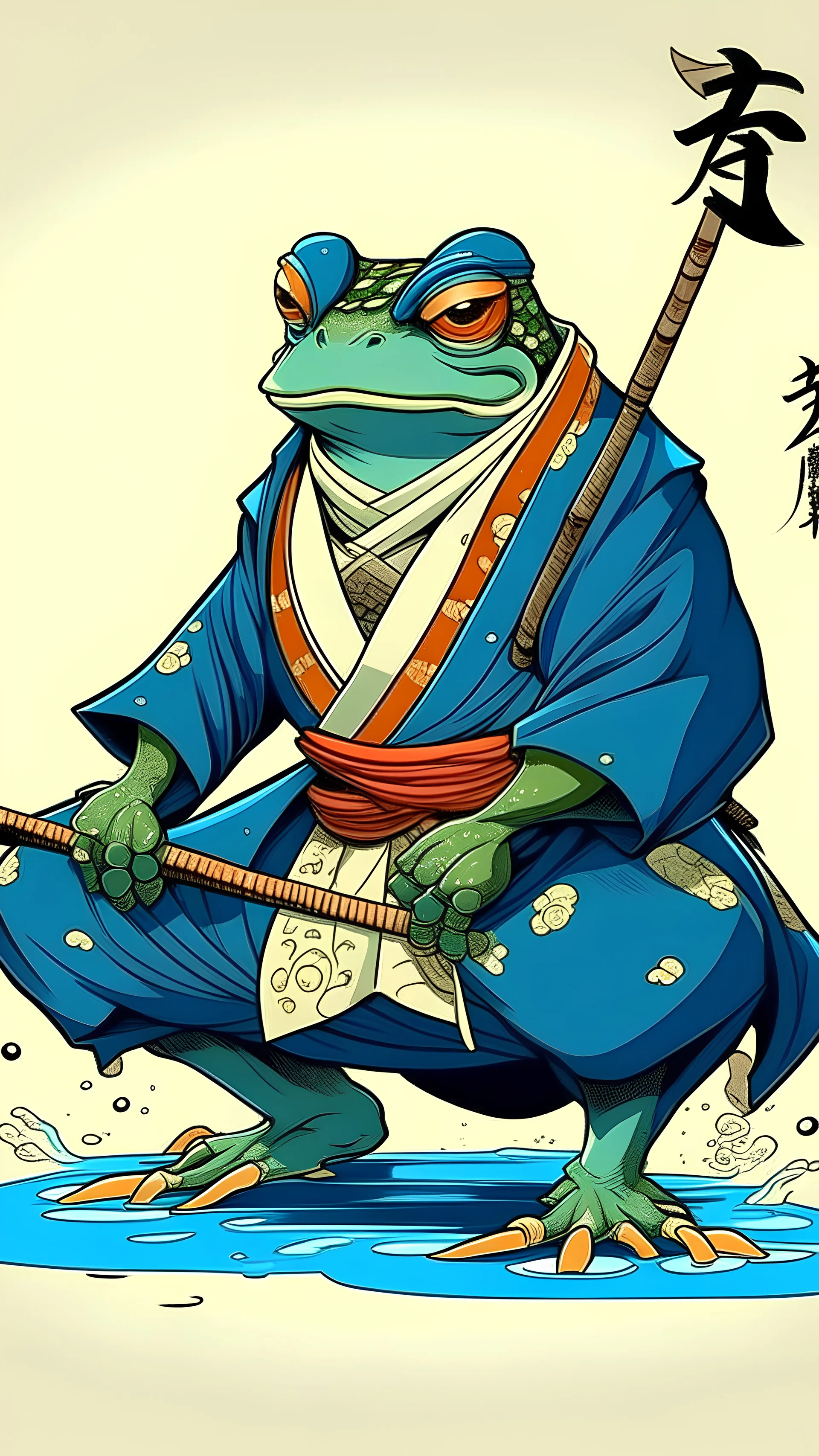 Consider the anime style of frogs from Naruto, specially Gamabunta. I need this frog to wear a bluebelt jiujitsu style. For one of the suggestions, consider the style of Ukiyo-e. These arts need to be an anime like style and not very realistically shiny skin tone. Incorporating elements of traditional Japanese culture and weaponry.