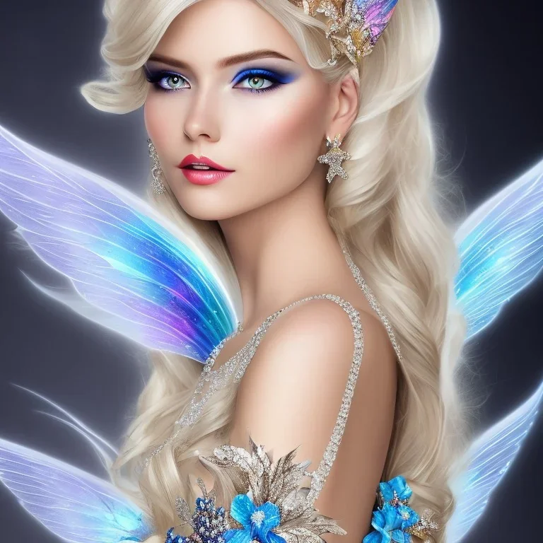 Fantasy fairy with transparent wings, smiling, make up, long platinum blond hair with crown and flowers, blue dress, flower background