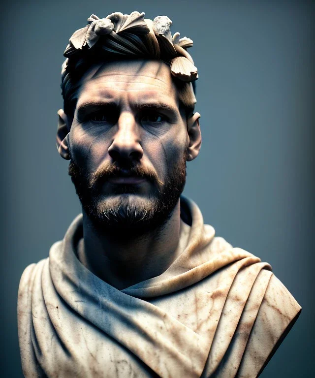 Gran angular, Realistic image, roman sculpture, marble material, Lionel Messi with Laurel wreath model, miguel angel style, God light, god rays, 4k resolution, perfect details, ornate details, soft lighting, unreal engine 5, soft cyan background.