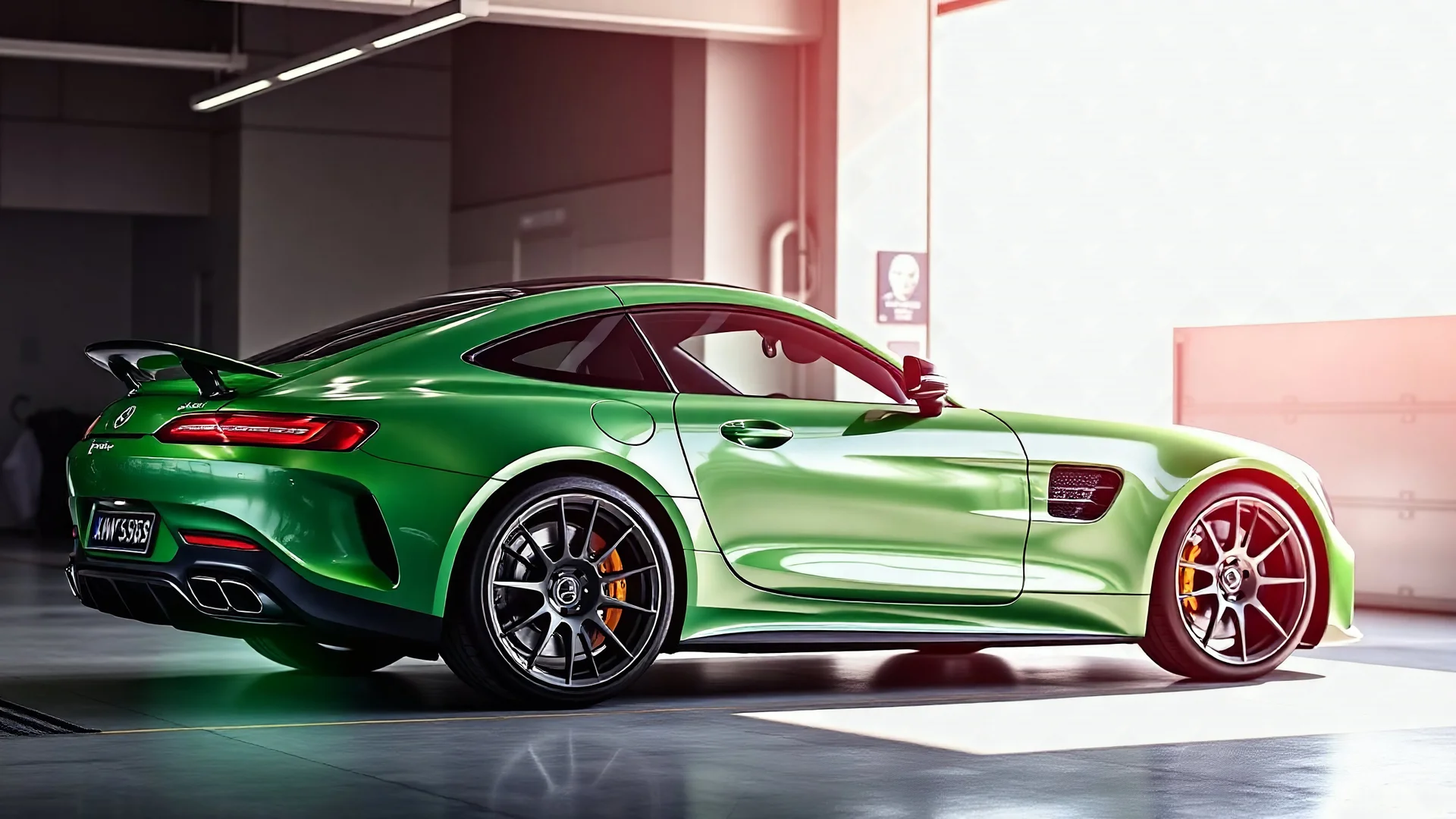 Mercedes-Benz AMG GT63s, green color, parked in a luxury garage and the car is facing left.
