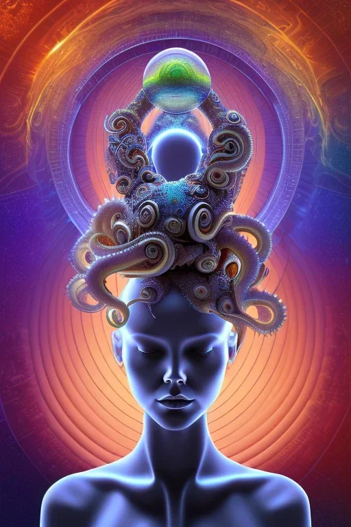 Spiritual being with Tentacles over human Head creating reality around, wrapping Spiral around Human, Psychedelic