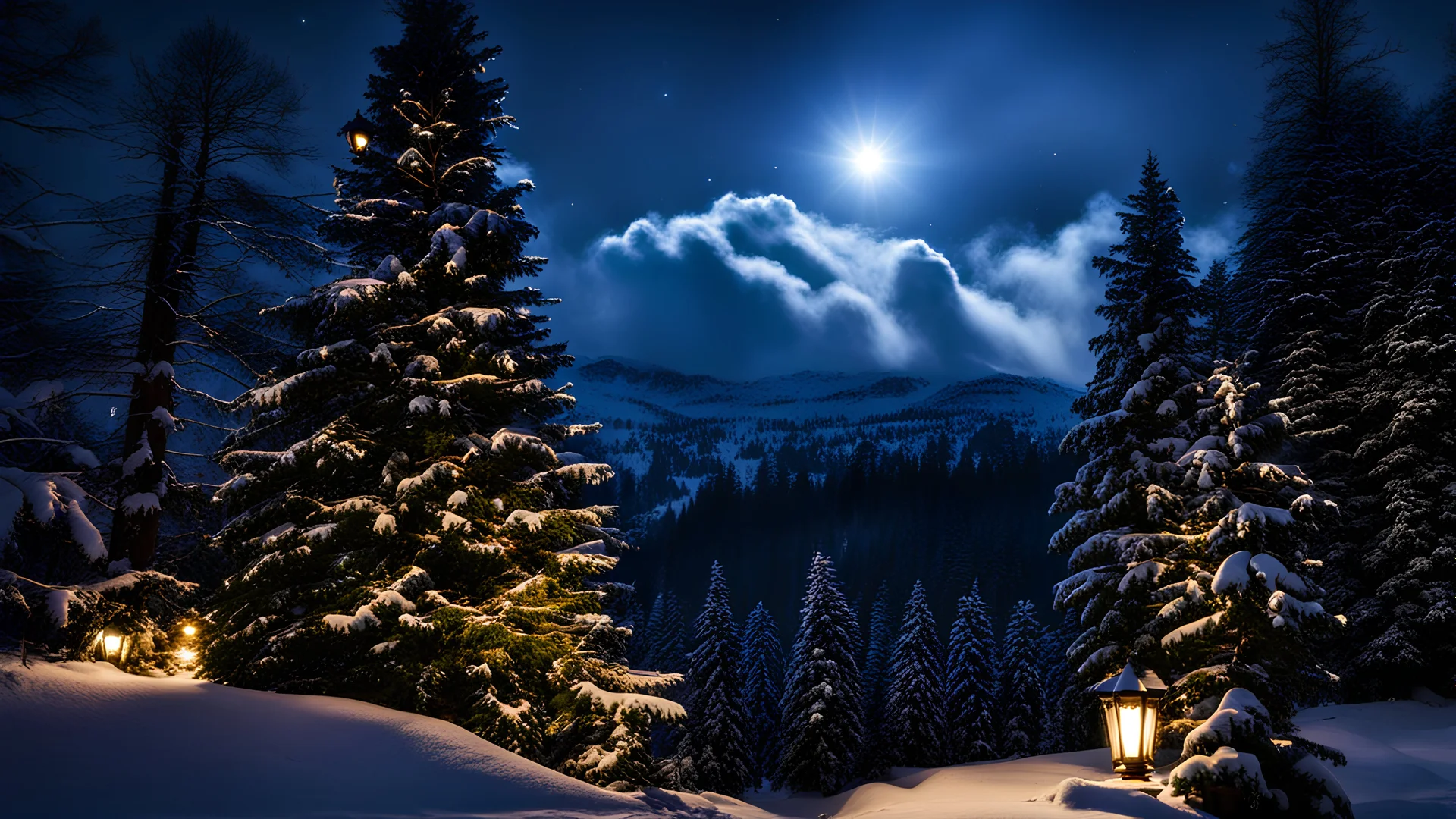 christmas,festive,fir forrest scenery,forest,tree,nature,night,snow,lanterns,fir tree,night ,cloud,holy night