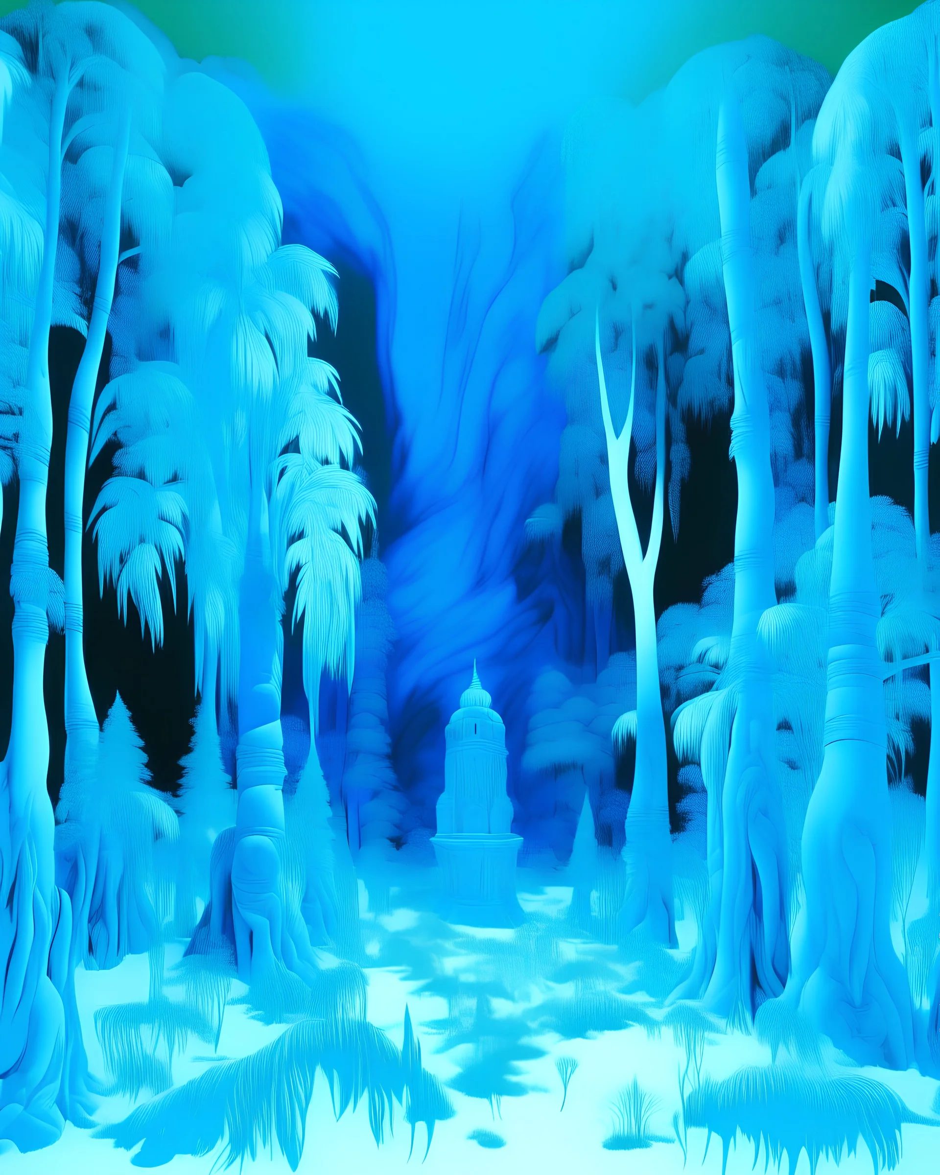 A cyan winter forest covered in ice designed in Mayan architecture painted by Andy Warhol