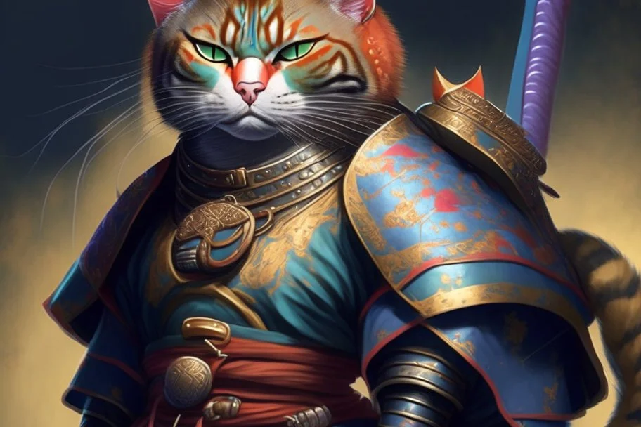 full body Samurai Cat perfect faced (((I'm the style of Mark E. Rogers))), hyperrealism, digital painting of an animation character, character illustration, glen keane, lisa keane, realistic, disney style character, detailed, digital art, 4k, ultra hd, beautiful d&d character portrait, colorful fantasy, detailed, realistic face, digital portrait, intricate armor, fiverr dnd character, wlop, stanley artgerm lau, ilya kuvshinov, artstation, hd, octane render, hyperrealism