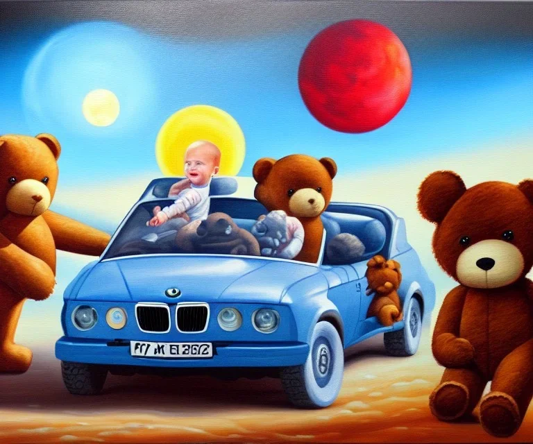 little boy and big teddy bears on moon. drifting in old bmw. oil on canvas