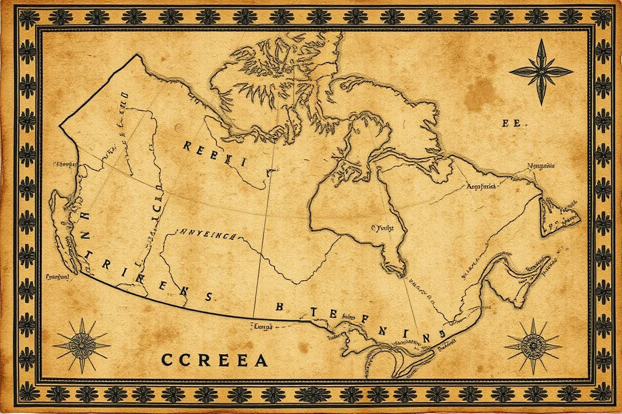 a scan of an ancient Cree Anishinaabe map, hand drawn been stained and weathered