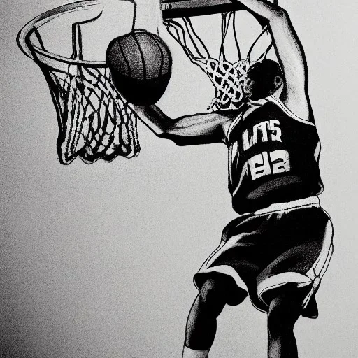 Black and white drawing of a basketball player, slam dunk