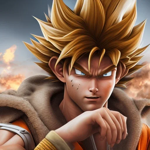 Son-goku close up, face, extreme details, glowing hair, realistic, unreal engine, 4k, steampunk