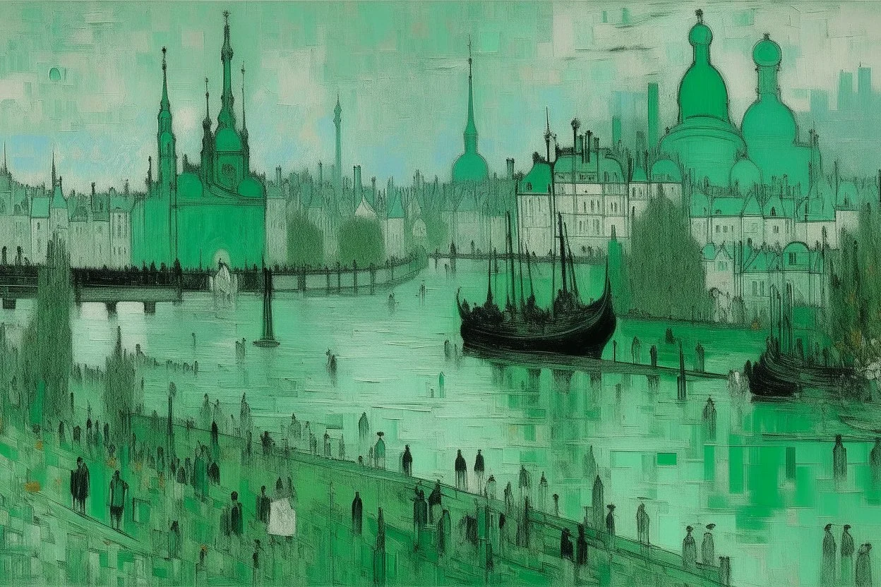 A mint colored noisy metropolis painted by Claude Monet