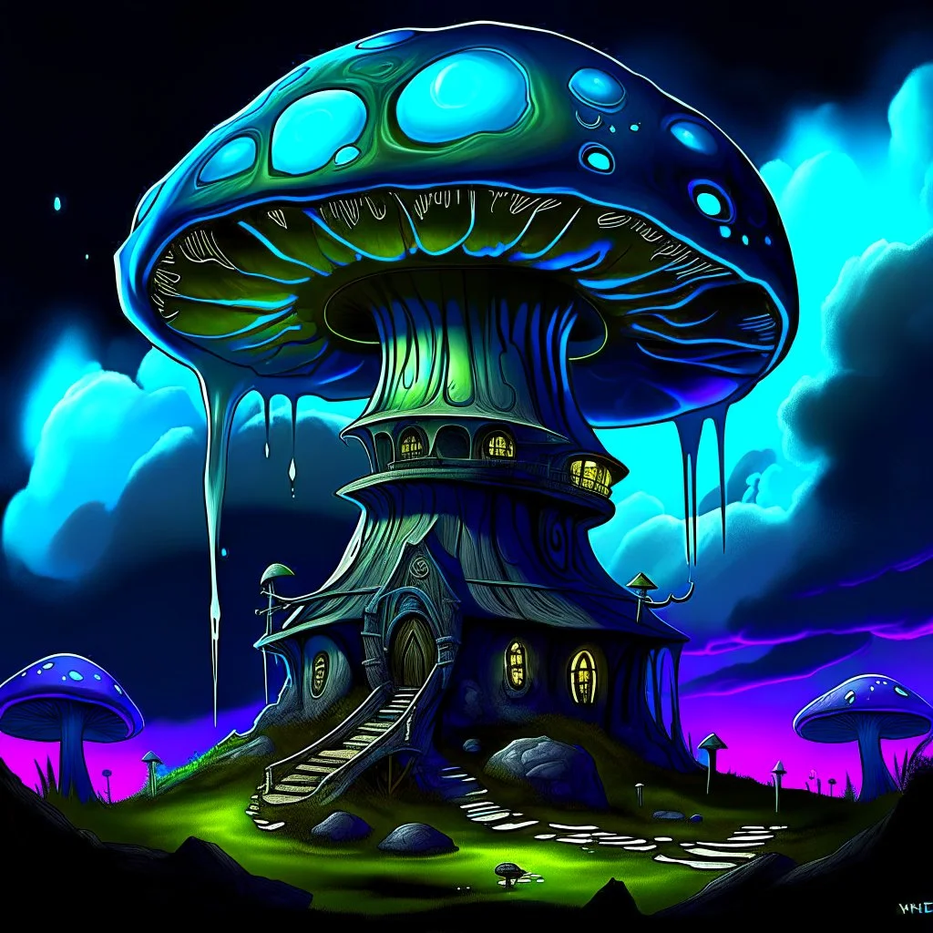 A fantabulous black, blue and green (((mushroom tower house))) erected atop a (geologic pillar), surrounded by the uncanny imaginative ((( swirling skies))), offset by the stark hues of a (neon-tinged nebulous space scape), within. captured by the hand a skilled master painter with a focus on (softly blurred compositions and voluminous lighting).