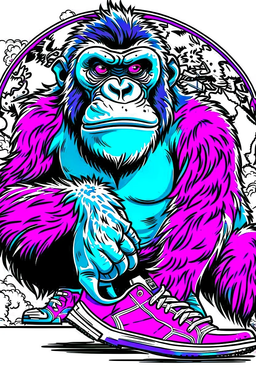 a profile picture of a small gorilla sitting in a purple Converse sneaker, like it's a car, comic style