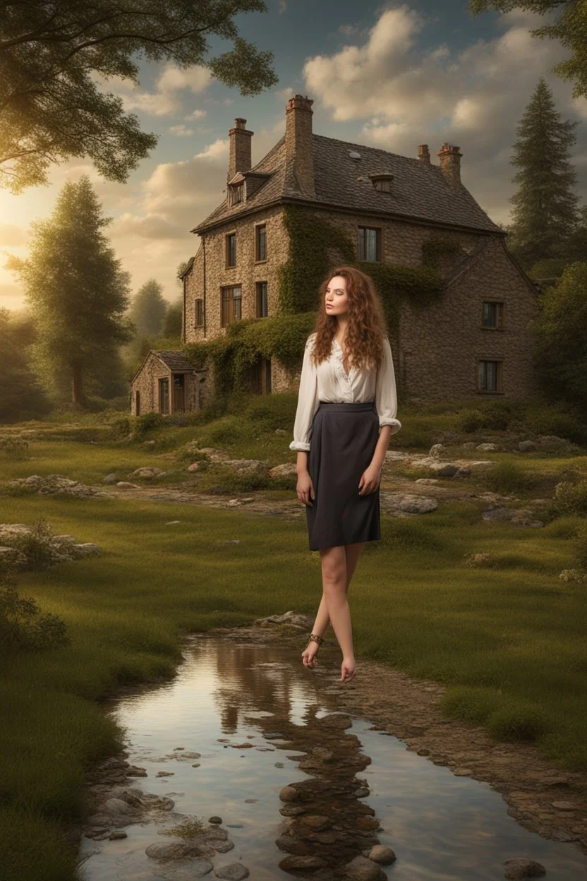 fullbody shot of a very beautiful lady curvy hair, in the country side with a narrow river with clean water and nice rocks on floor. The trees and wild flowers pretty country houses ,nice cloudy sky.