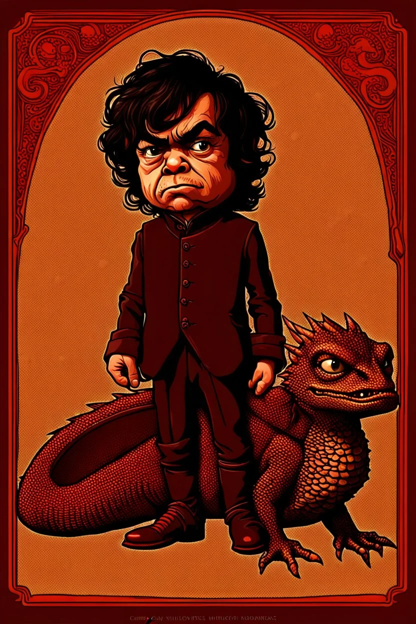 portrait of an odd but strangely beautiful yet odd little humanoid creature named Herve Villechaize in the role of "Tyrion Lannister" from "Game of Thrones" with a dragon in the background Modifiers: very cute Norman Rockwell style of Bobby Chiu style of Chris Ryniak