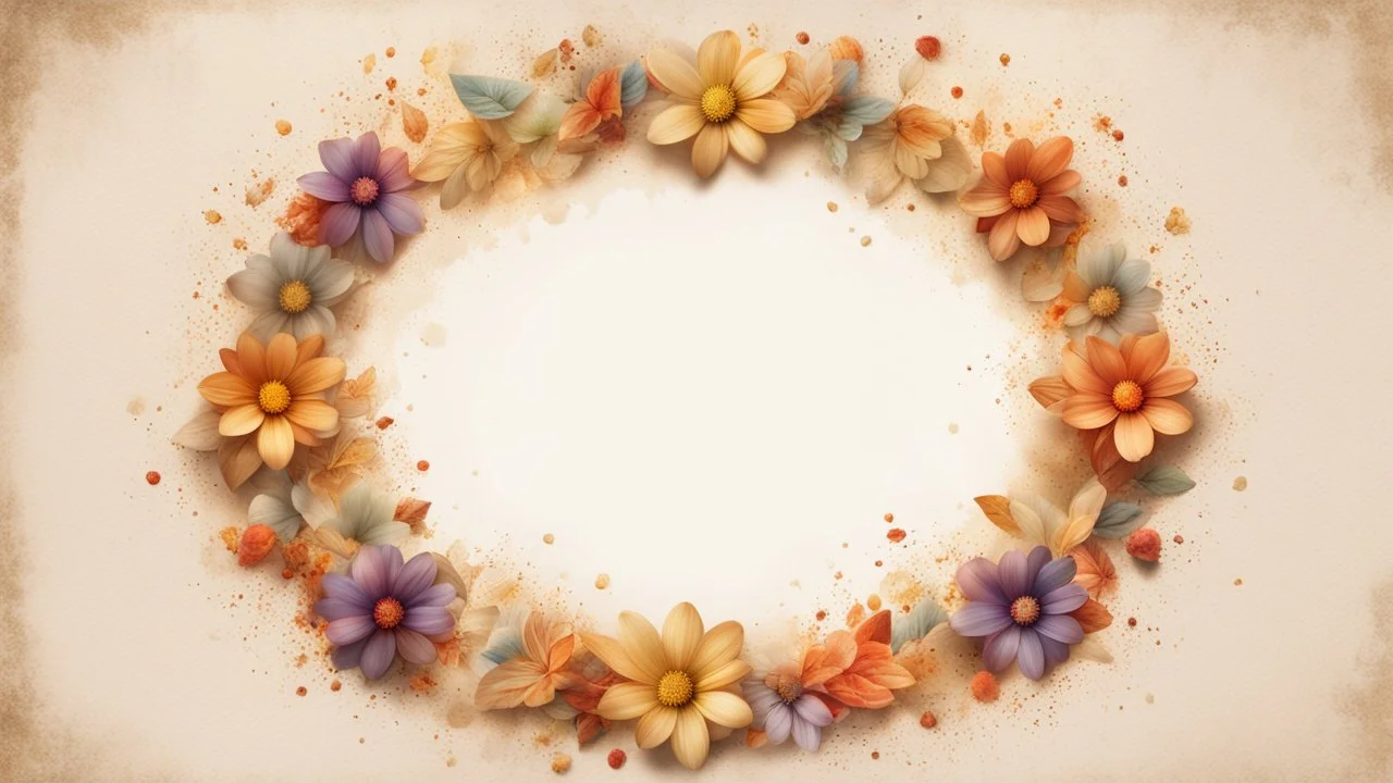 Hyper Realistic Rule-of-3rd-view of Beige small-multicolor-Floral-Circular-Frame With Glowing Golden Embers On Off-White Grunge Background.