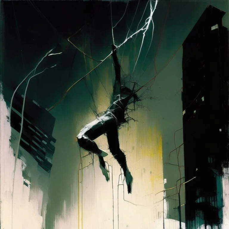 Minimal abstract oil painting of a falling person limbs sinew twisted . Amongst concrete fragments brutalist architecture and hanging wires illuminated at night. In the style of Justin Mortimer and Phil Hale and Ashley Wood