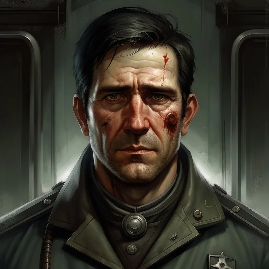 The submarine medic Sylas Steinhardt, a well groomed dark haired man with scars on his face realistic grimdark setting,