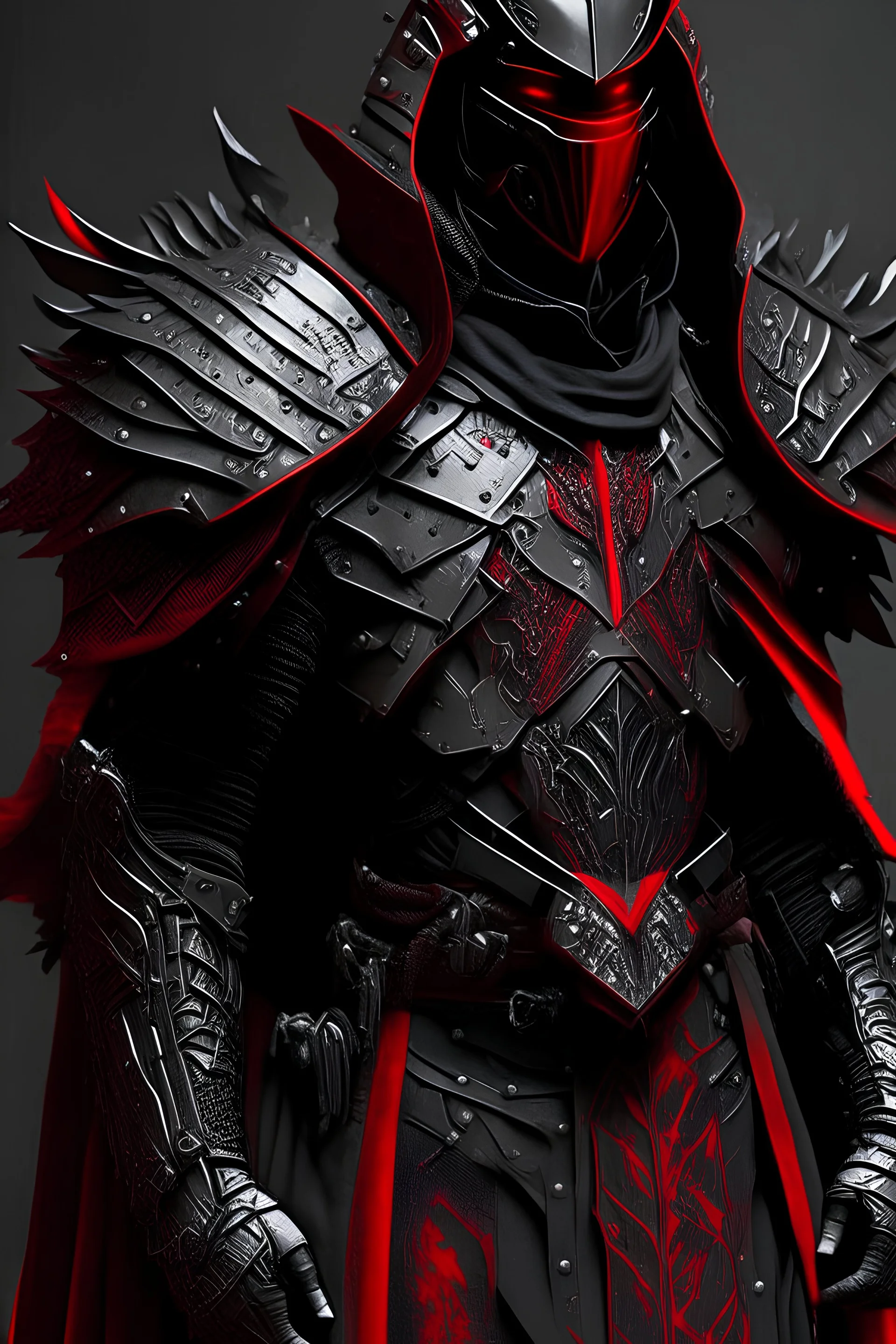 a man modern in military science fiction armor, the armor must be made of spiritual fabric, black and red. a fabric similar to that worn by men of the witch church of the past.