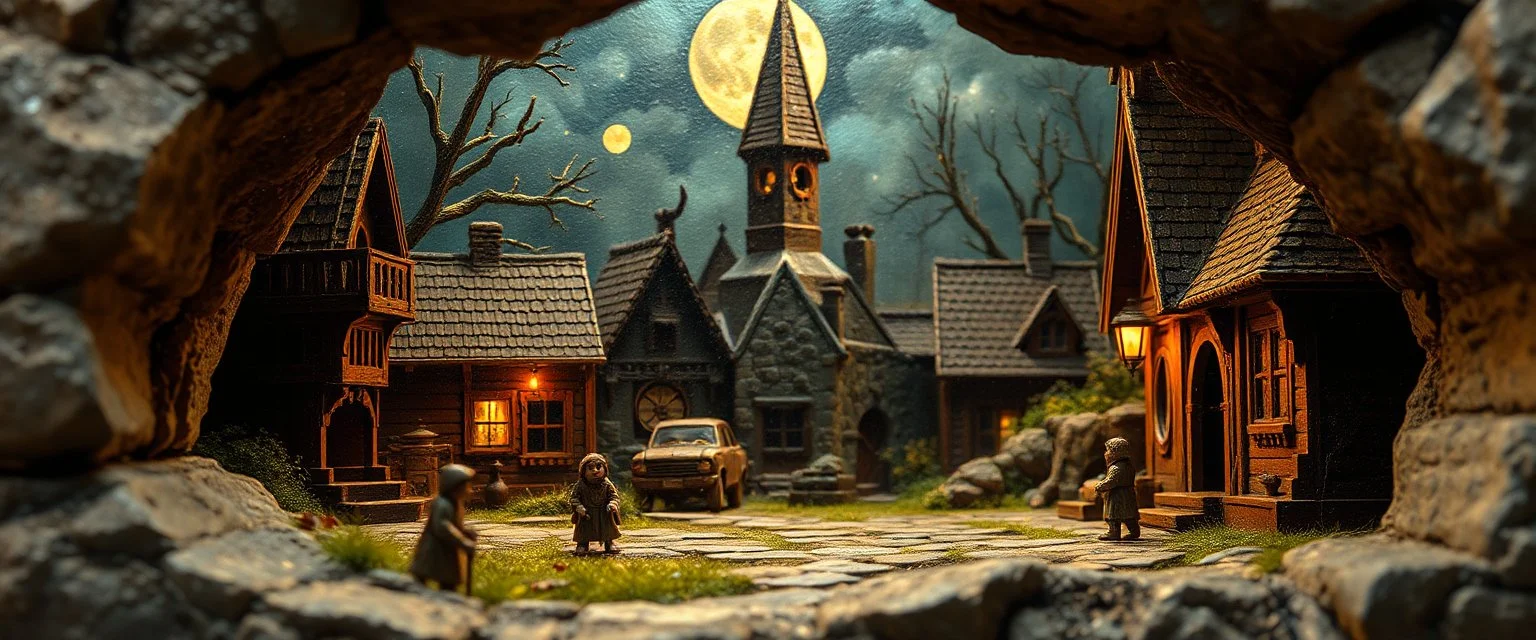 pin hole picture, miniatures on fake scene,master oil painting by Rembrandt, good afternoon disney bitch scary stone age vampire