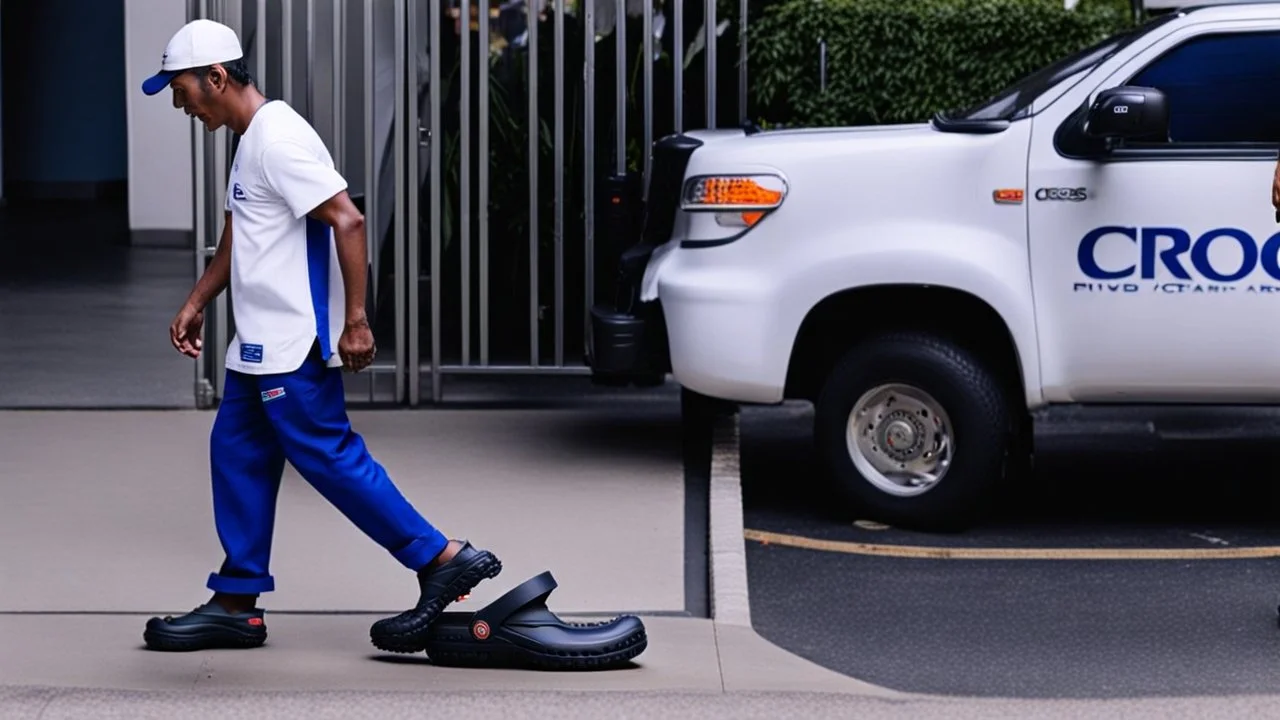 delivery man wears crocs shoes at the gate