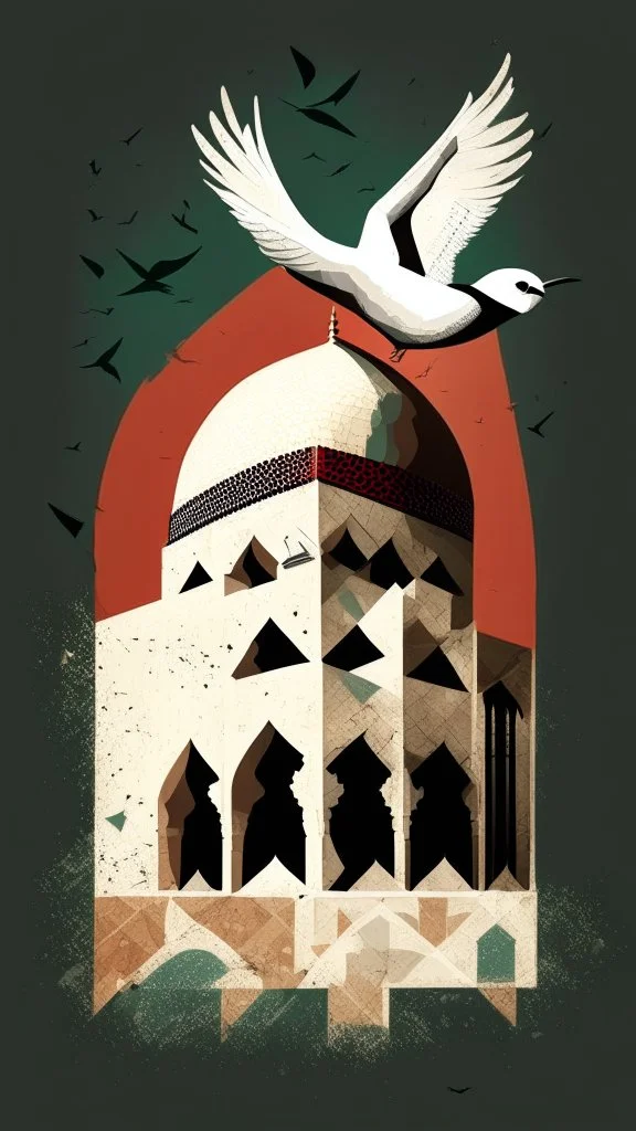 A design for Al-Aqsa Mosque, with a dove around it that expresses freedom, and the Palestinian flag flutters, covering Al-Aqsa Mosque.