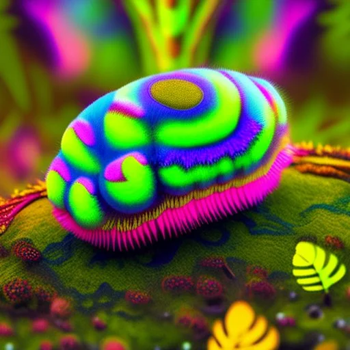 Fuzzy cute psychedelic caterpillar sitting on a forest floor mushroom, hyper realistic. psychedelic, baroque, photorealistic