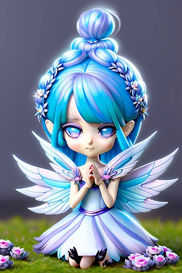 cute happy fairy girl with rounded blue eyes, big long silver hair, and with tiny black fluffy kitty sitting in her five fingers hands, chibi 3d anime character, detailed, fantasy style, nice picture in the big meadow with pale colors flowers