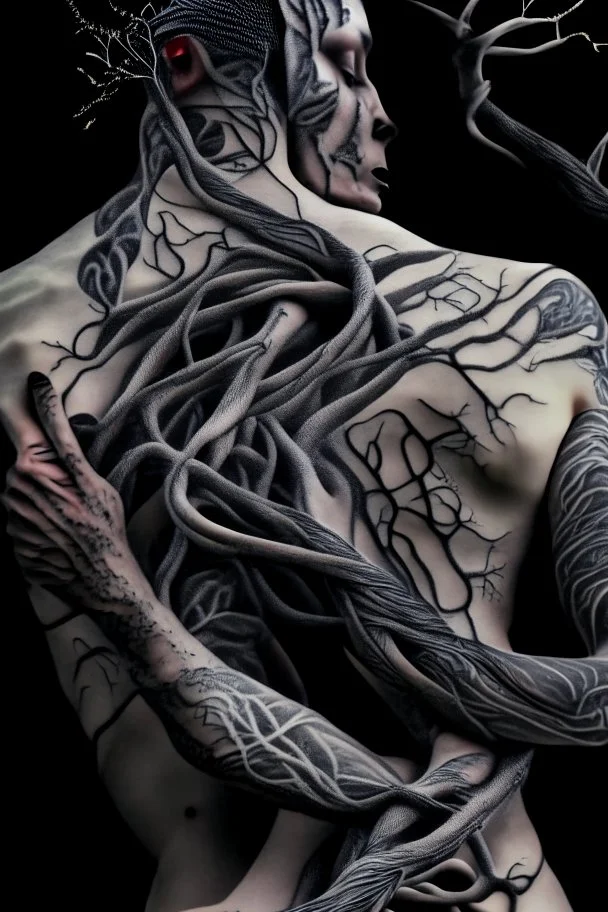 Multiple entanglements between a twisted thin piece of cloth as part of many twisted and spiraling branches disappearing into the distant mist, epic photo, 2 beautiful lovers are embracing, stunning tattoos that intwine with eachothers tattoos,sharp on highly detailed skin with wrinkles and high contrast, photorealistic, 4K, 3D, realism, hyperrealism, detail, good lighting, detailed texture, modern photography style, 3D, 4D, 4K