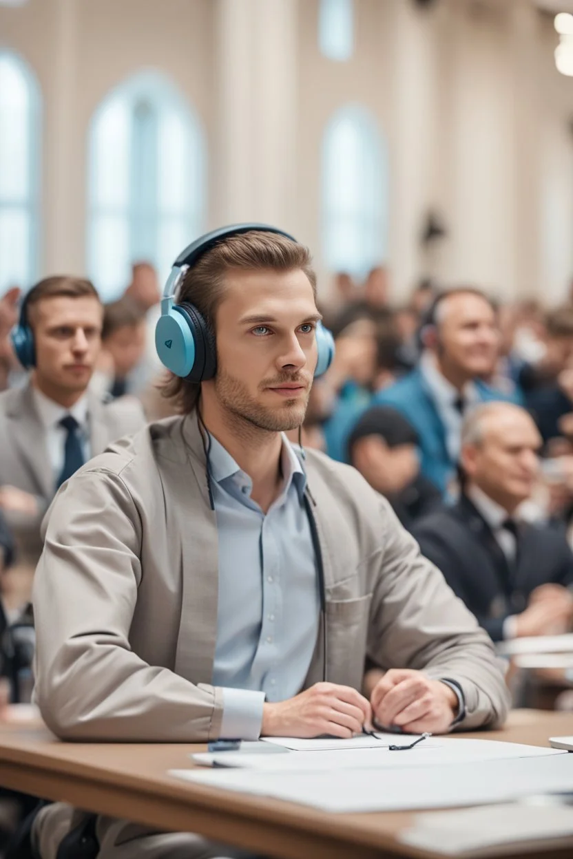 A simultaneous translator of Slavic appearance sits at a table with headphones on at a briefing and translates, in a large hall, there are a lot of people around, the background is blurred, everything is in pastel light colors