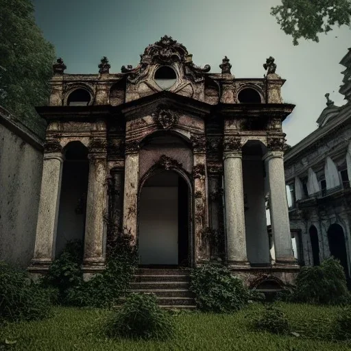 Abandoned baroque building, overgrown, statues, fallen roofs, highly detailed, octane render.