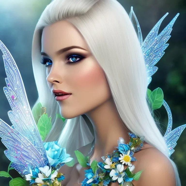 Fantasy fairy with transparent wings, smiling, make up, long platinum blond hair with crown and flowers, blue dress, flower background