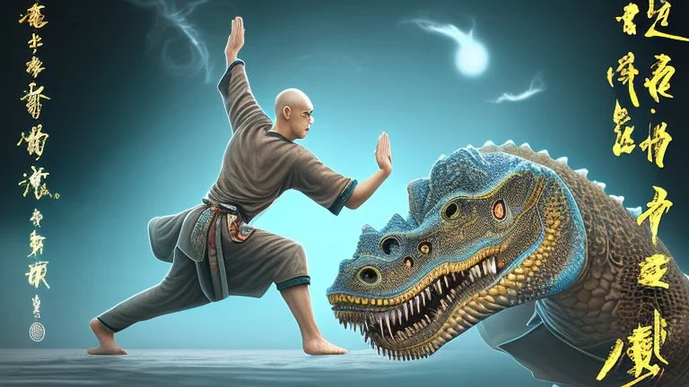 shaolin master vs yoga dino, water, temple background, mist