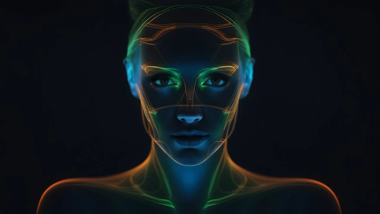 Holographic Virtual Reality Face Beauty, Double Exposure, Clear Lines, Blue, Green, Gold, Orange, 64K, High Definition,