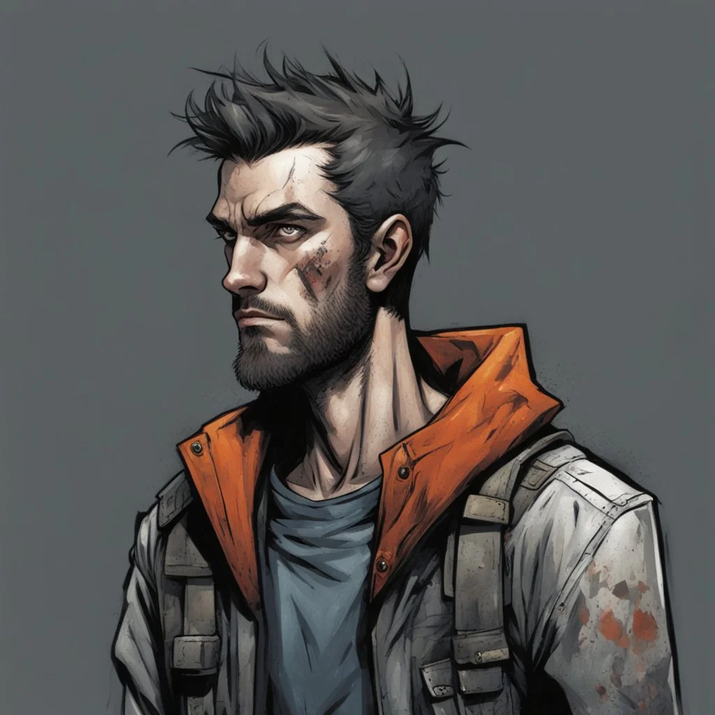 man,, looking serious, comic book, post-apocalypse, grey background