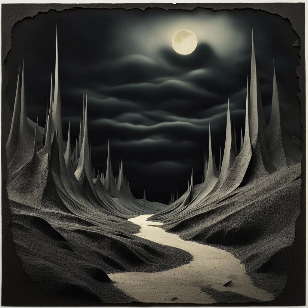 Dark creepy landscape, strong texture artistic polaroid volumetric light, Yves Tanguy, Gustav Klimt, 3d abstractism