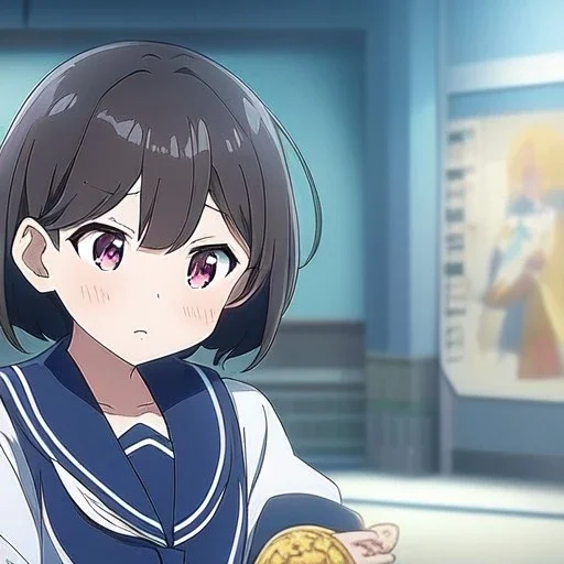 Clear focus, High resolution, A anime teenager, anime screencap, black medium length hair, hair cut in pieces, pink eyes, wearing a sailor uniform, blushing