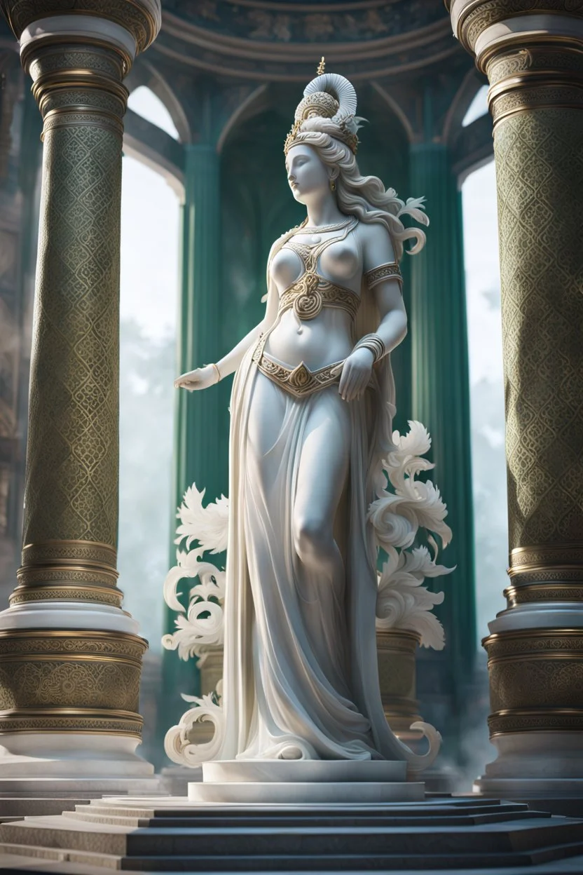 highly detailed marble and jade statue on a plint of the goddess of love. european. full body shot, invisible gloves, , volumetric fog, Hyperrealism, breathtaking, ultra realistic, unreal engine, ultra detailed, cyber background, Hyperrealism, cinematic lighting, highly detailed, breathtaking, stunning temple environment