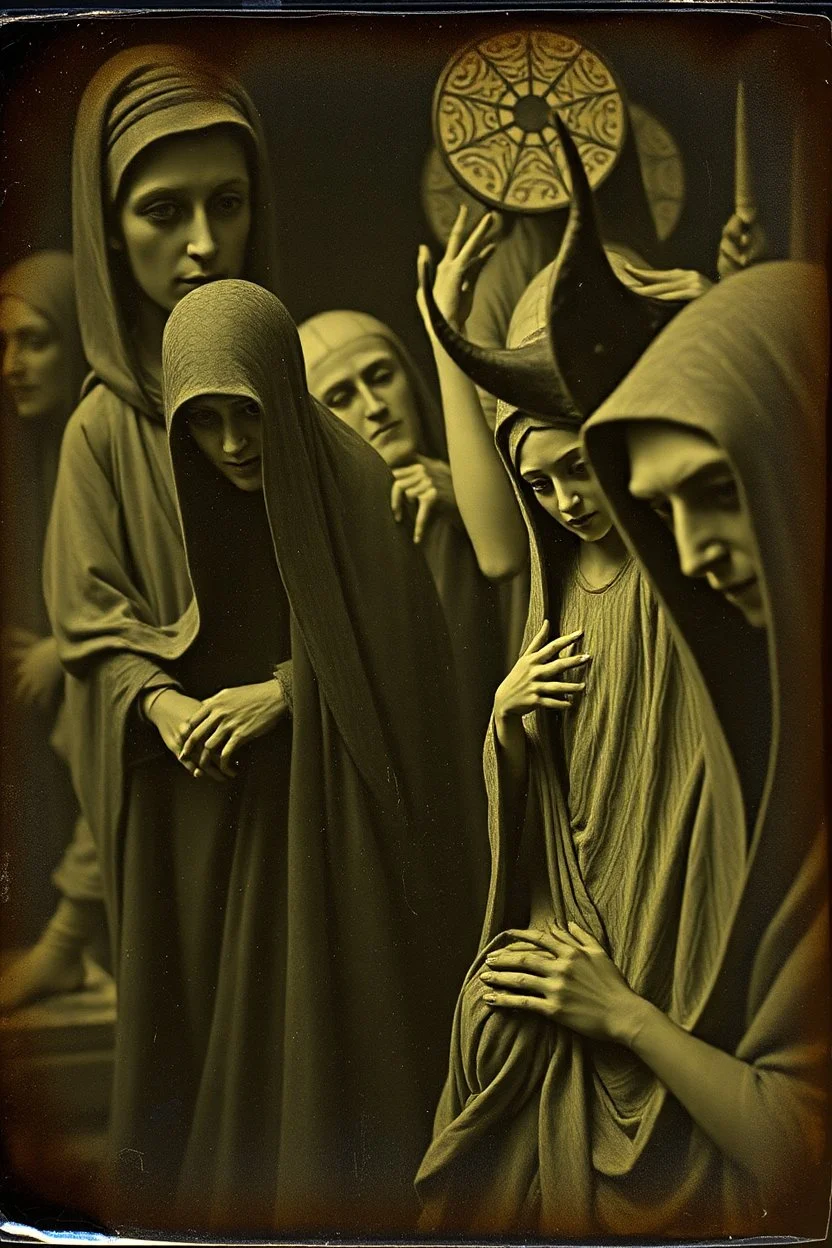 Daguerrotype close up some mysterious figures, odd background, Hieronymus Bosch, ambient light, by Minicavio Quollati and Marlost Endgulp, Amano, Botticelli, Alphonse Mucha